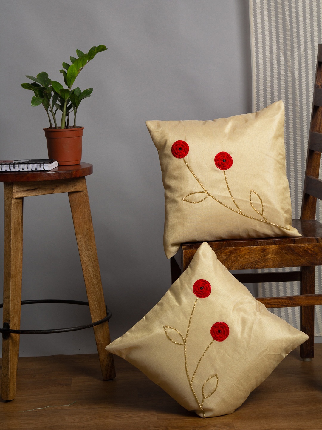 

Alina decor Beige & Red Set of 2 Embellished Square Cushion Covers