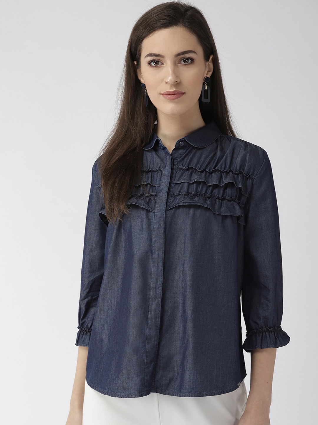 

Xpose Women Navy Blue Regular Fit Solid Denim Shirt
