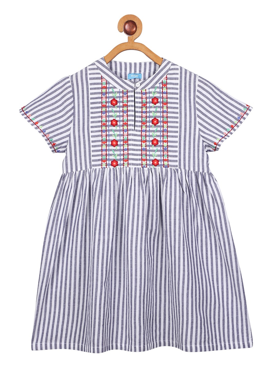 

Miyo Girls Blue Striped Fit and Flare Dress