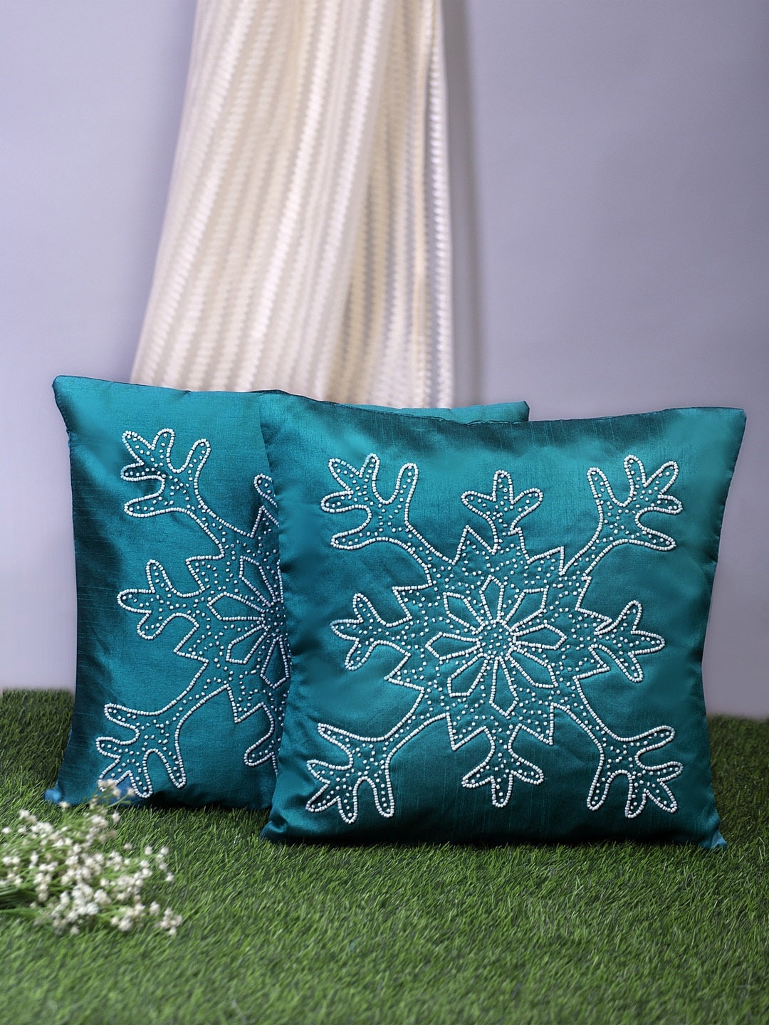 Alina decor Teal & White Set of 2 Embroidered Square Cushion Covers