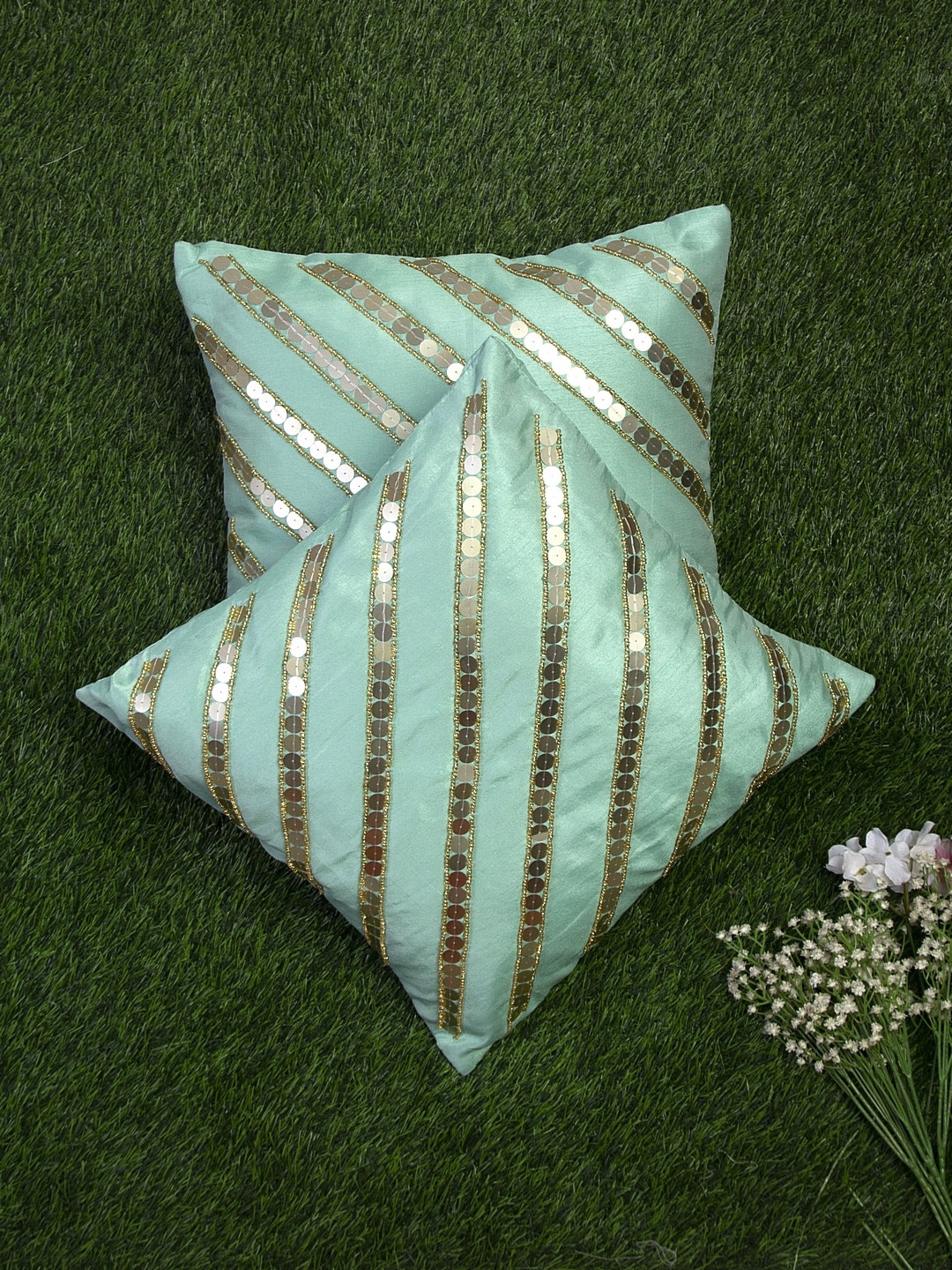 

Alina decor Sea Green & Gold Set of 2 Embellished Square Cushion Covers