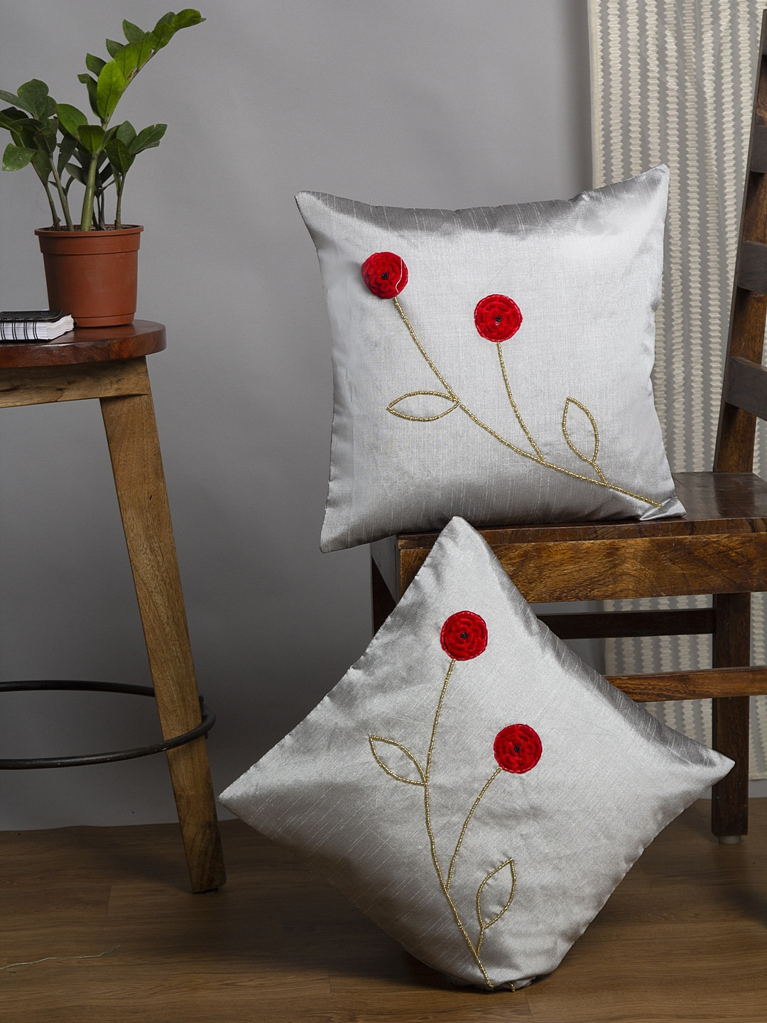 

Alina decor Set Of 2 Grey & Red Embellished Square Cushion Covers
