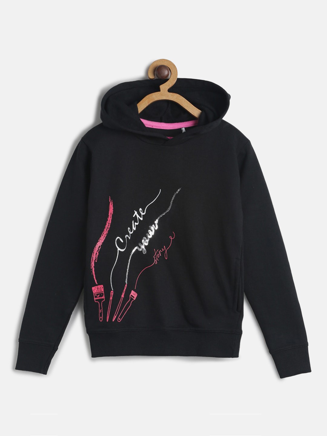 

TALES & STORIES Girls Black Printed Hooded Sweatshirt