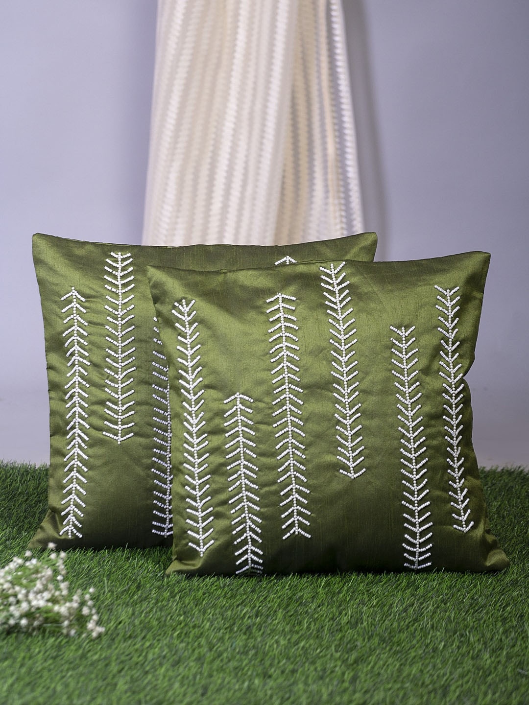 

Alina decor Green & White Set of 2 Embellished Square Cushion Covers
