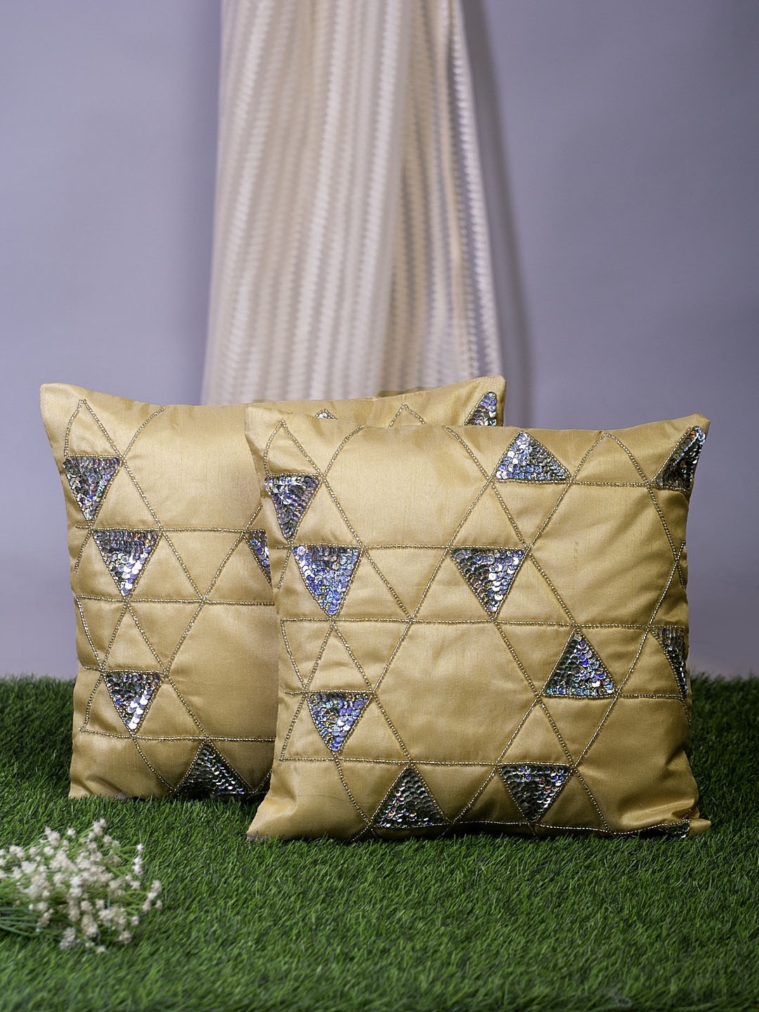 

Alina decor Beige & Gunmetal-Toned Set of 2 Embellished Square Cushion Covers