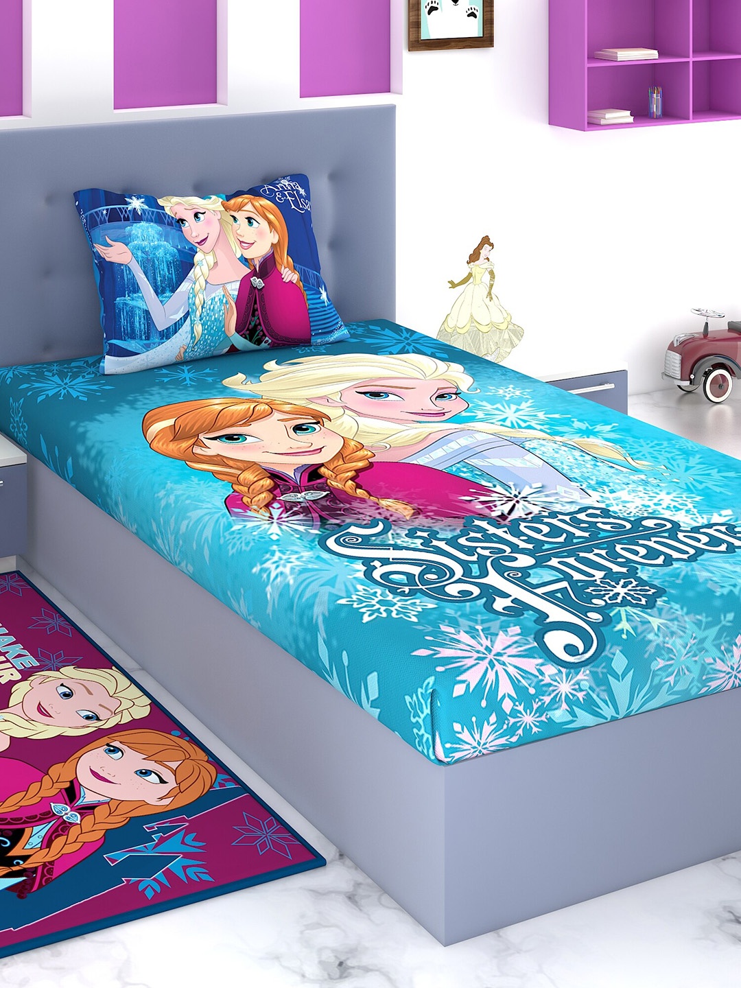 Disney Blue & Purple Cartoon Characters 180 TC Cotton 1 Single Bedsheet with 1 Pillow Covers