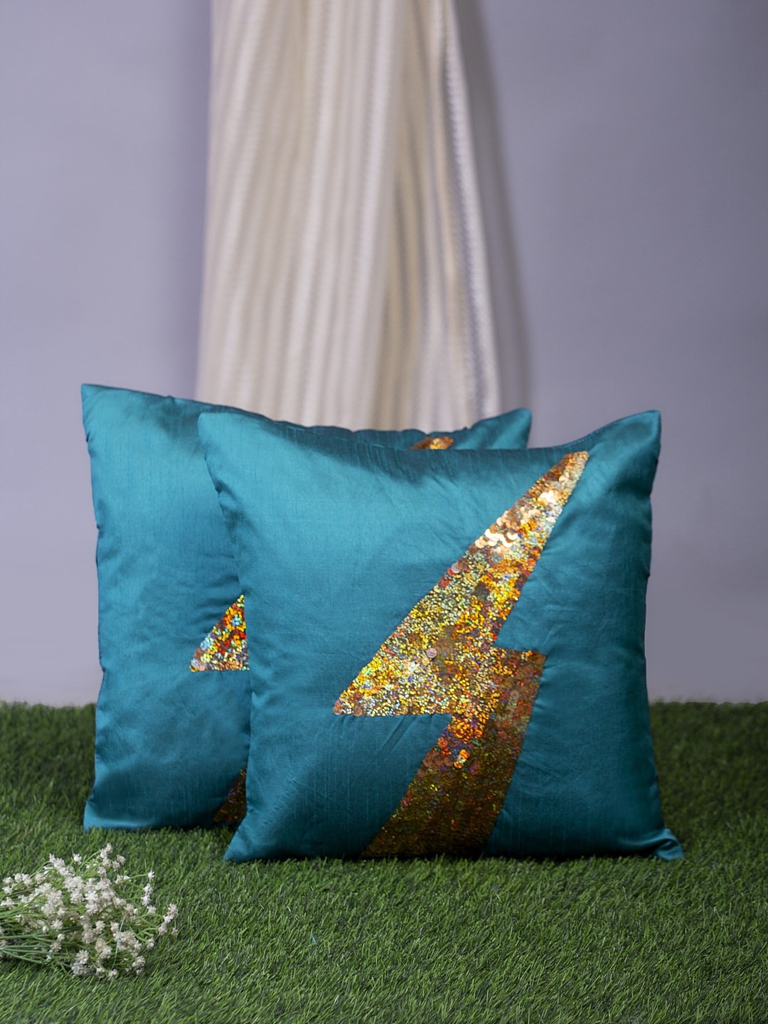 

Alina decor Blue & Gold-Toned Set of 2 Embellished Square Cushion Covers