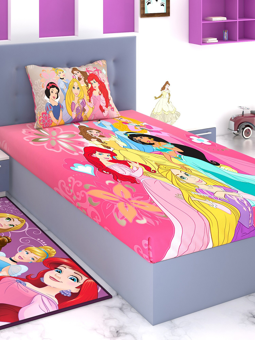 

Disney Pink & Red Princess 180 TC Cotton 1 Single Bedsheet with 1 Pillow Cover