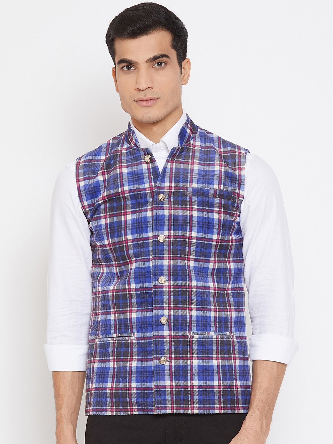 

armure Men Blue & White Checked Suede Velvet Nehru Jacket