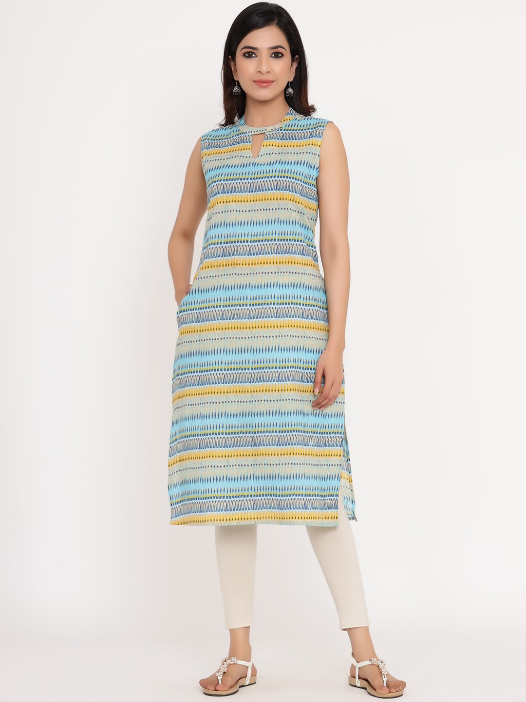 

Sangria Women Blue & Yellow Tribal Printed Keyhole Neck Kurta