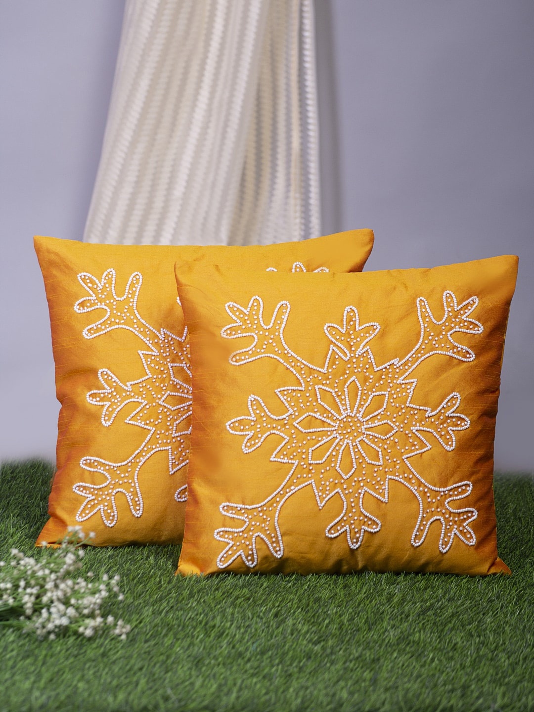 Alina decor Yellow & White Set of 2 Embellished Square Cushion Covers
