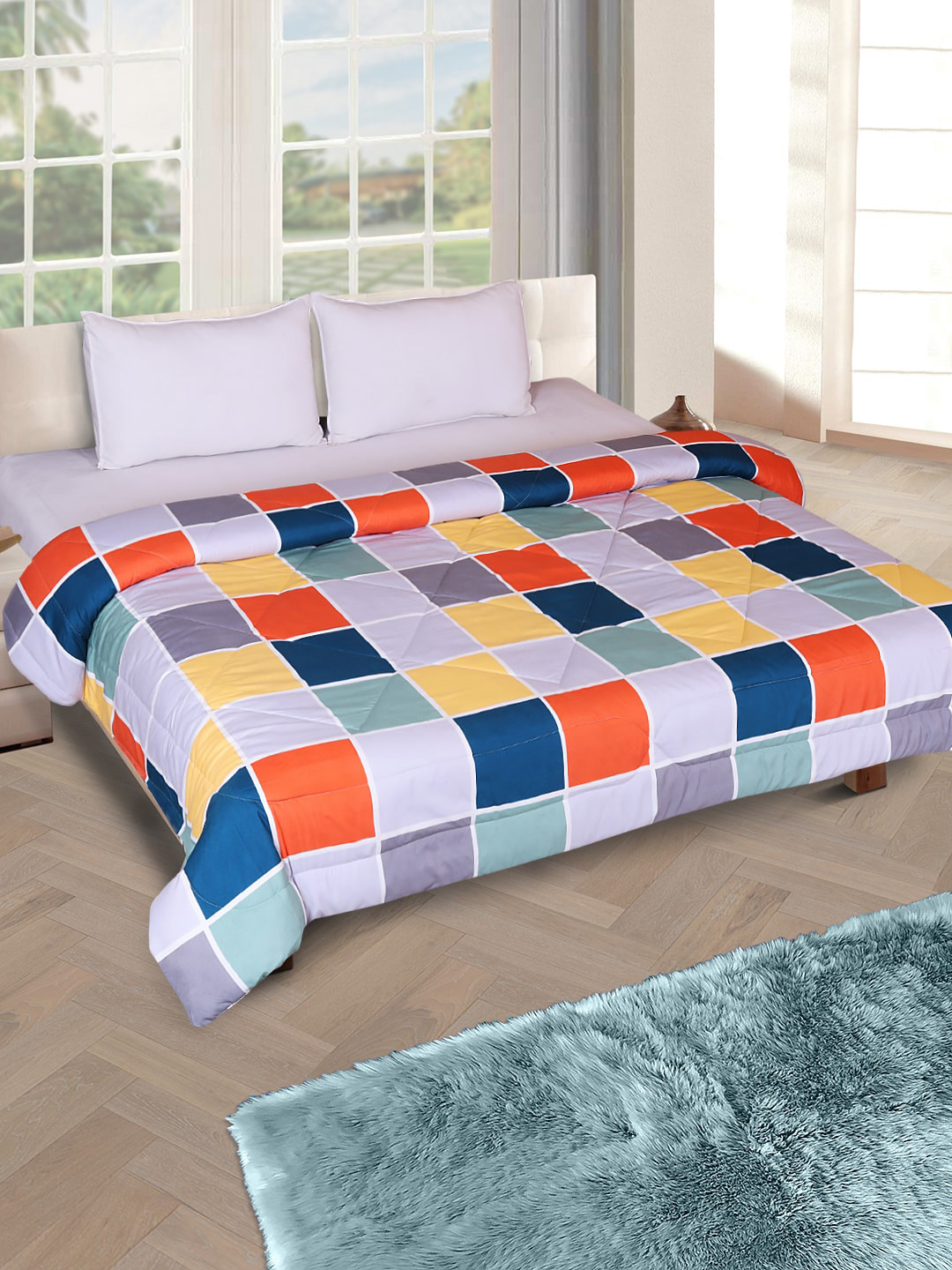 

ROMEE Grey & Navy Blue Checked AC Room 150 GSM Double Bed Comforter