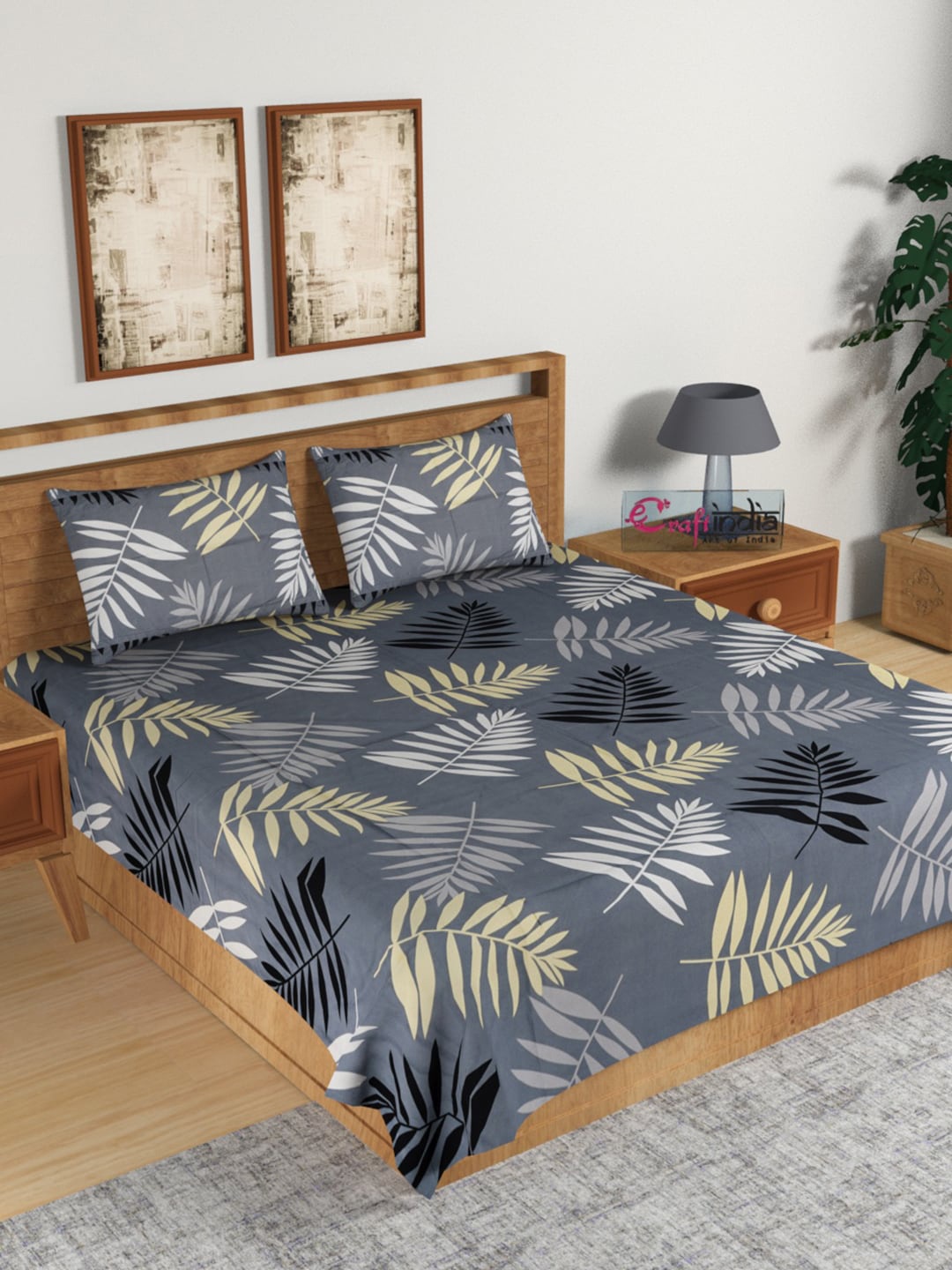 

eCraftIndia Grey & Yellow Floral 140 TC Cotton 1 King Bedsheet with 2 Pillow Covers
