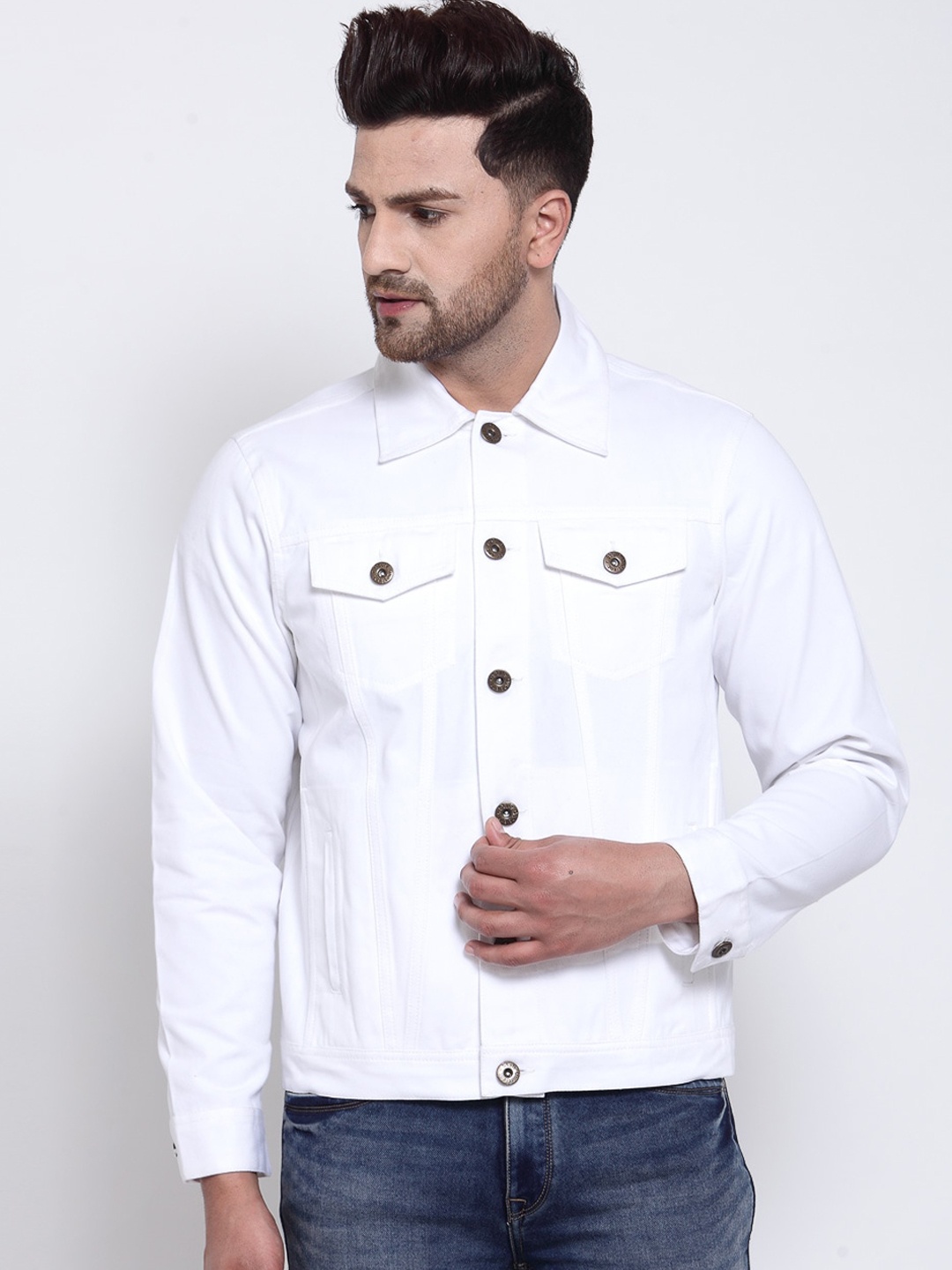 Style Quotient Men White Solid Denim Jacket