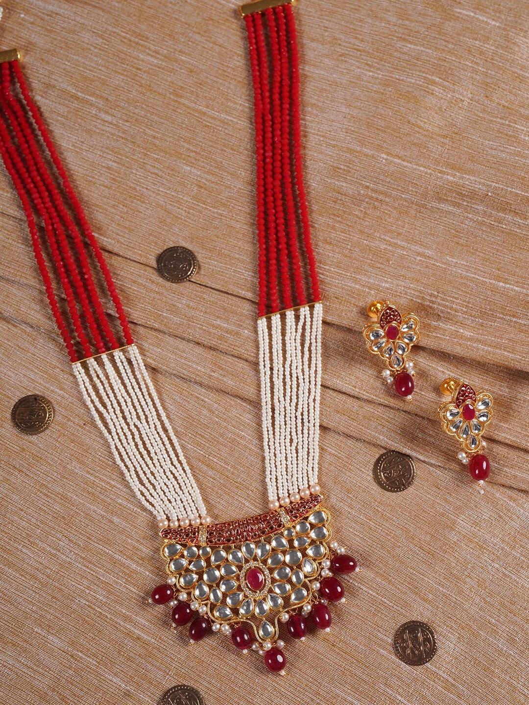 

Shoshaa Gold-Plated Red & White Kundan Studded Beaded Handcrafted Jewellery Set
