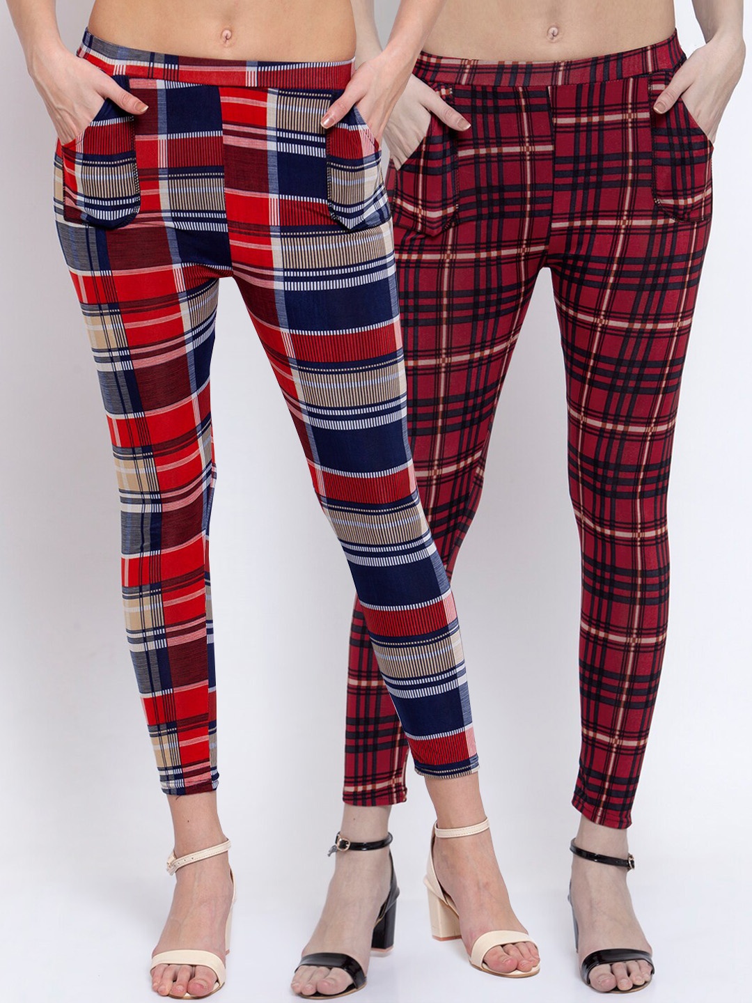 

KLOTTHE Women Pack Of 2 Checked Skinny-Fit Treggings, Maroon