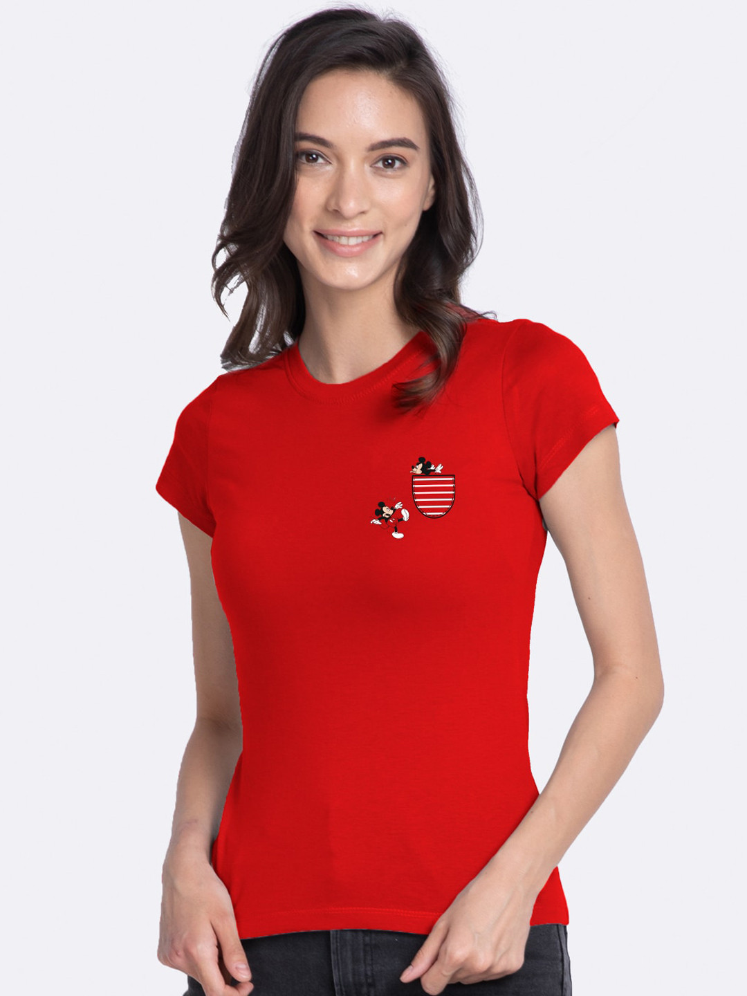 

Bewakoof Women Red Teasing Mickey Printed Round Neck T-shirt