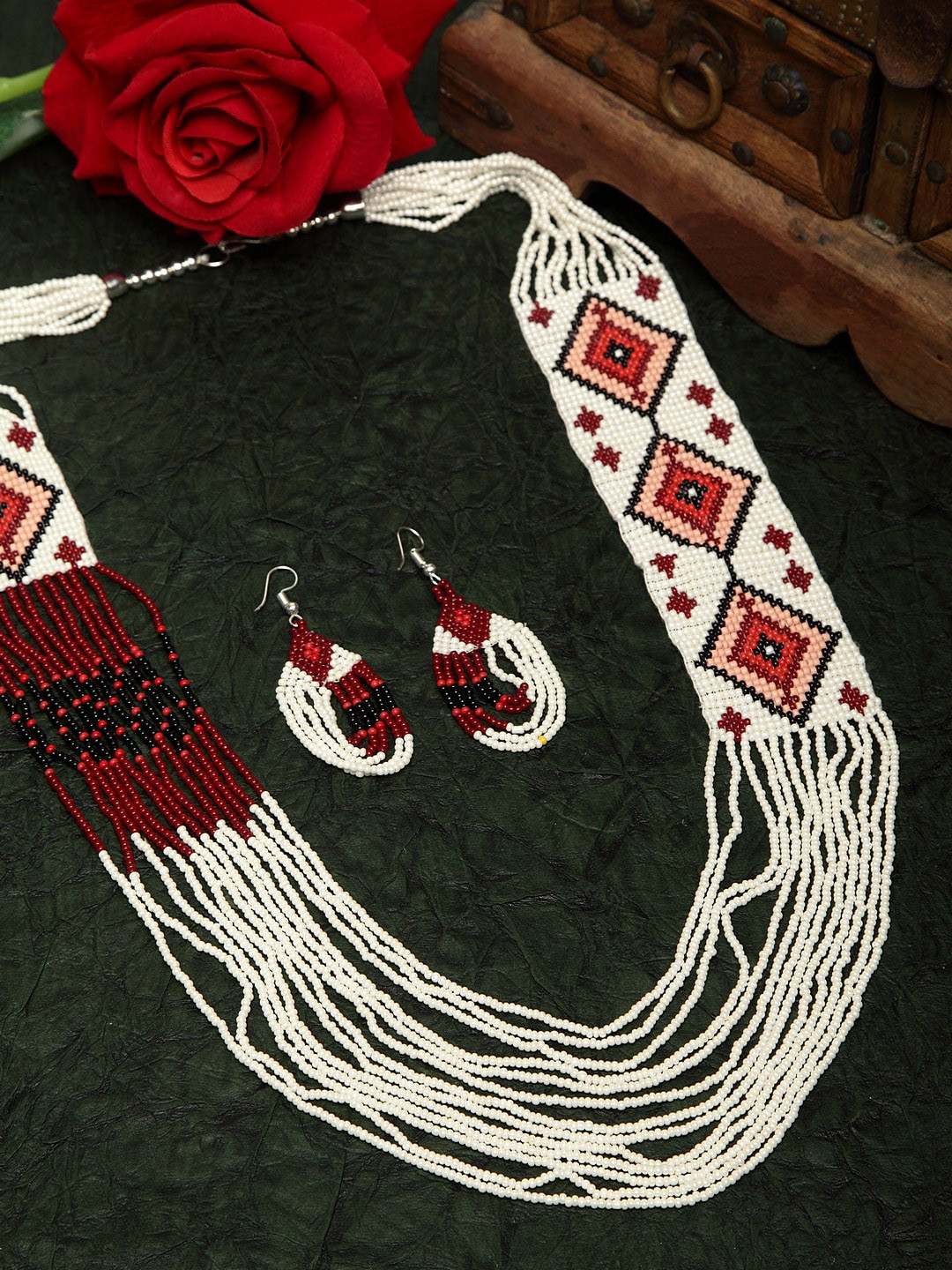 

Moedbuille Hand Woven White & Red Beaded Layered Design Handcrafted Afghan Jewelry Set, Silver