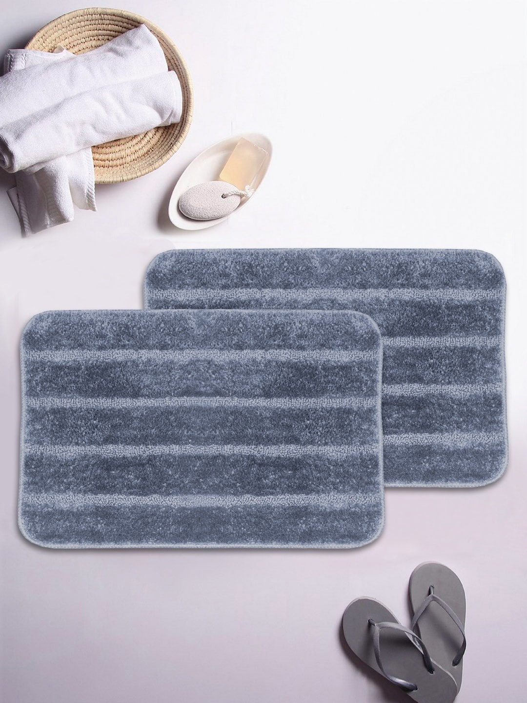 

BIANCA Set Of 2 Self Design 1850 GSM Anti-Skid Bath Rugs, Grey