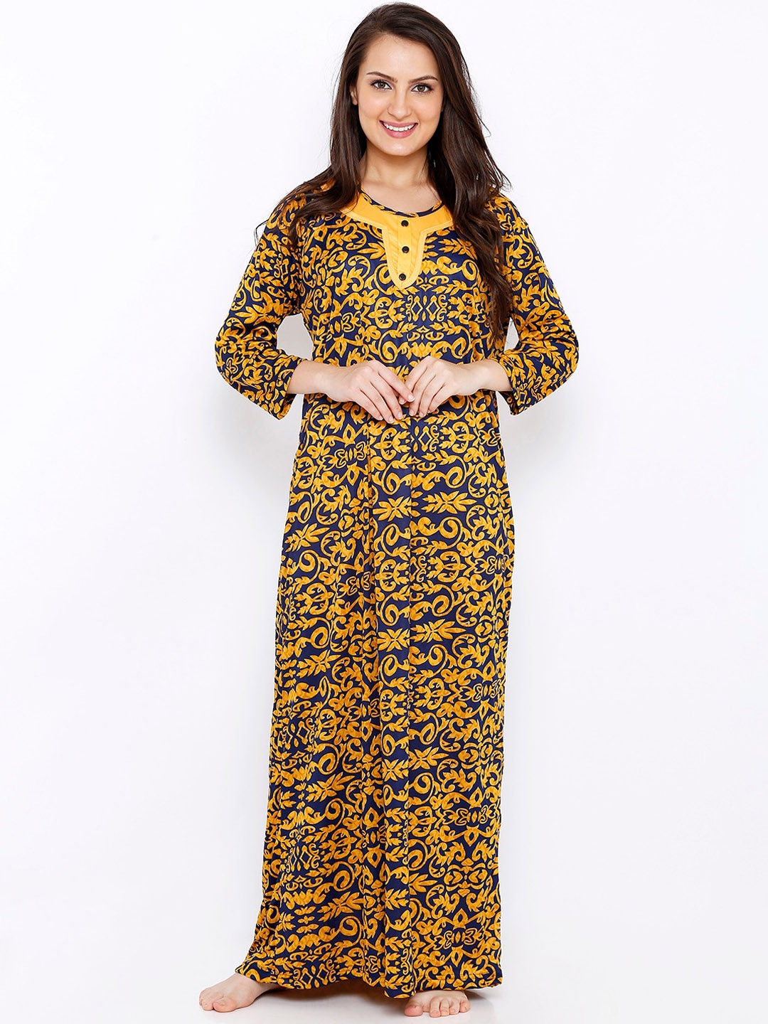 

Pretty Awesome Yellow & Navy Blue Printed Nightdress