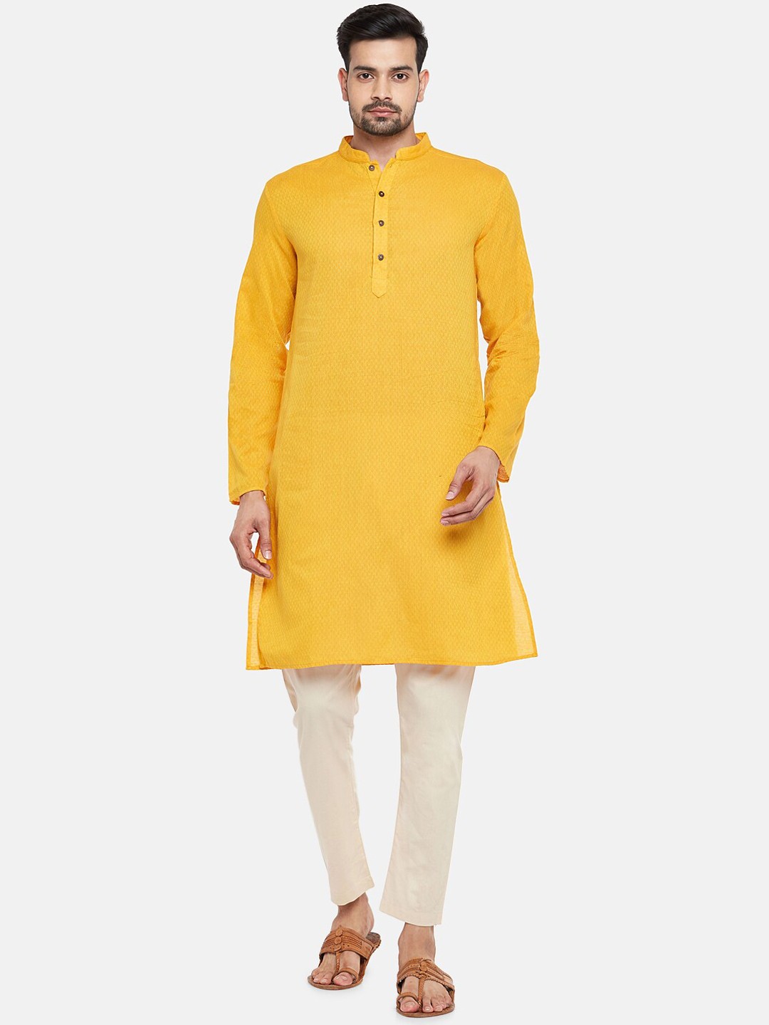 

Indus Route By Pantaloons Men Mustard Dobby Straight Kurta