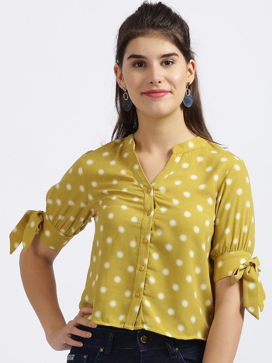 

Zink London Yellow & White Polka Dot Printed Mandarin Collar Shirt Style Top