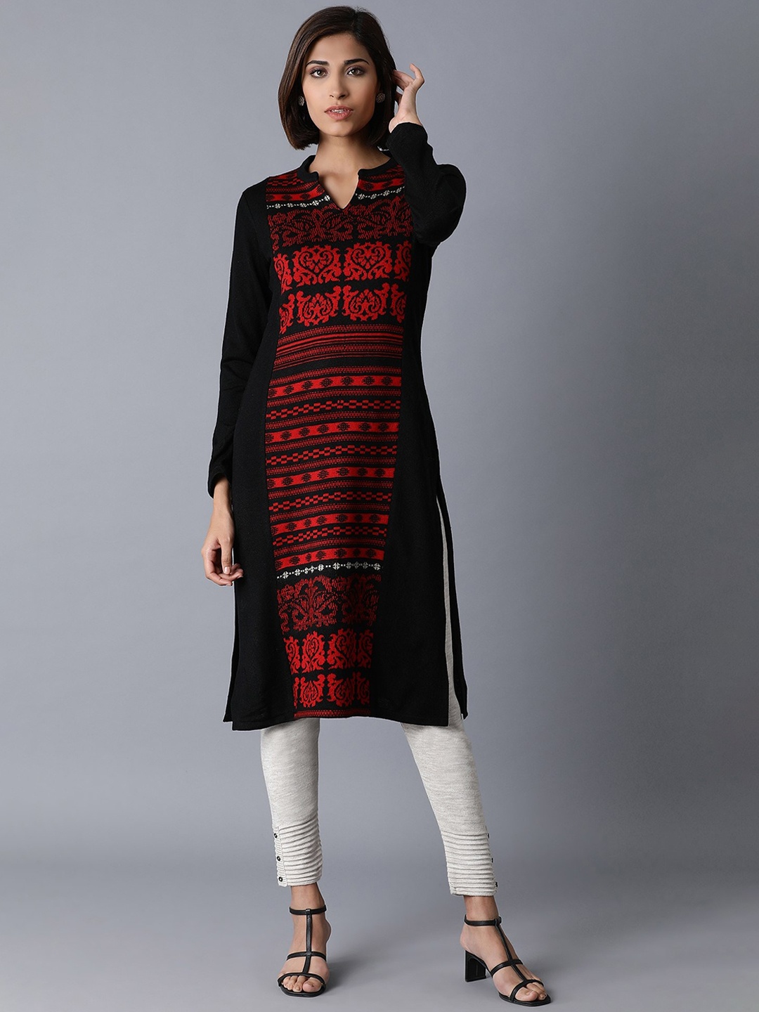 

W Women Black & Red Ethnic Motifs Woven Design Band Collar Kurta