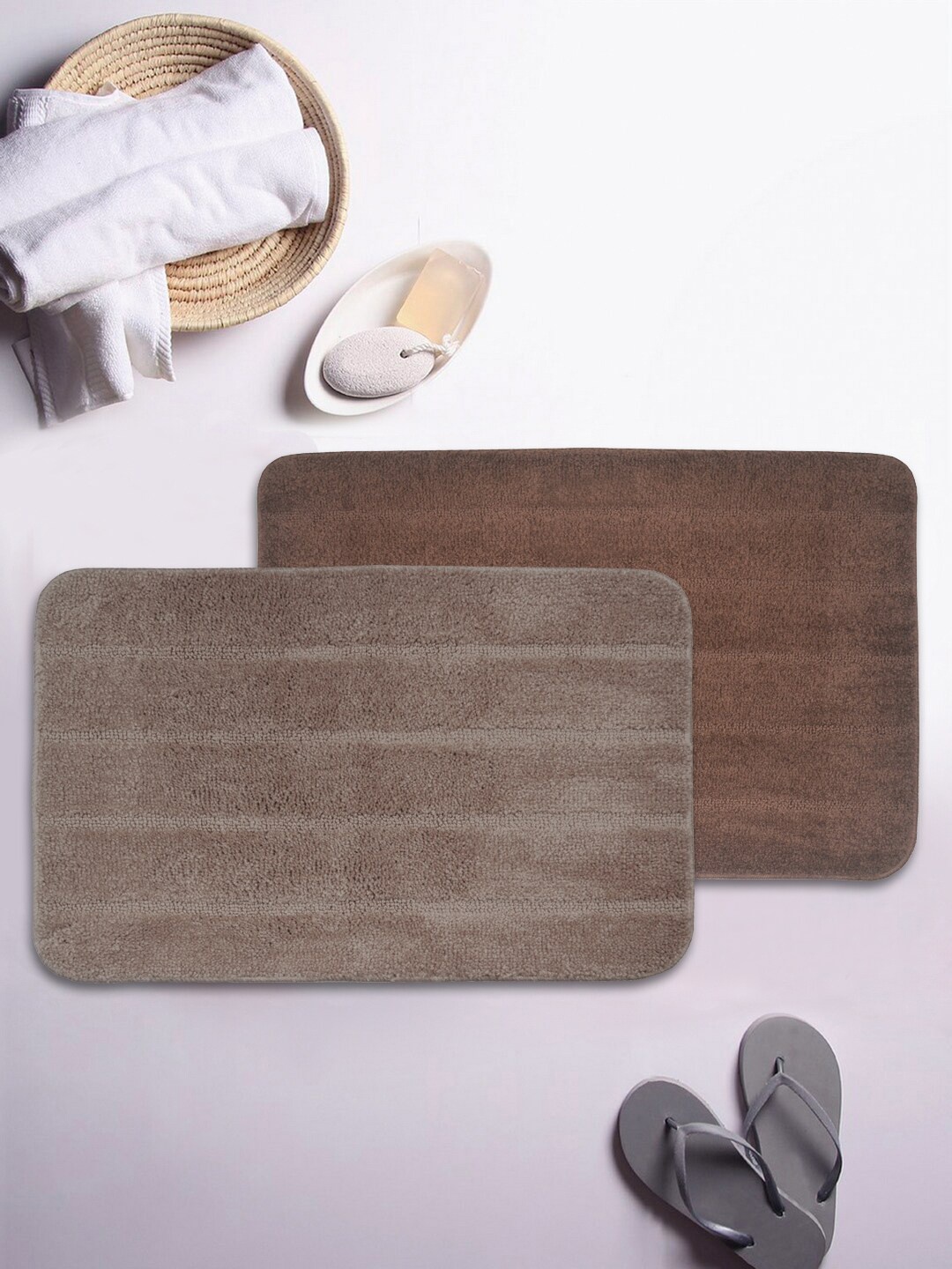 

BIANCA Set Of 2 Brown Striped 1850 GSM Microfibre Anti-Slip Bath Rugs