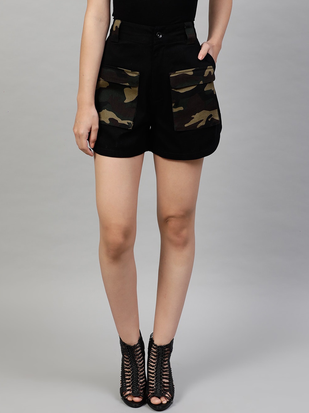 

STREET 9 Women Black Printed Regular Fit Denim Shorts