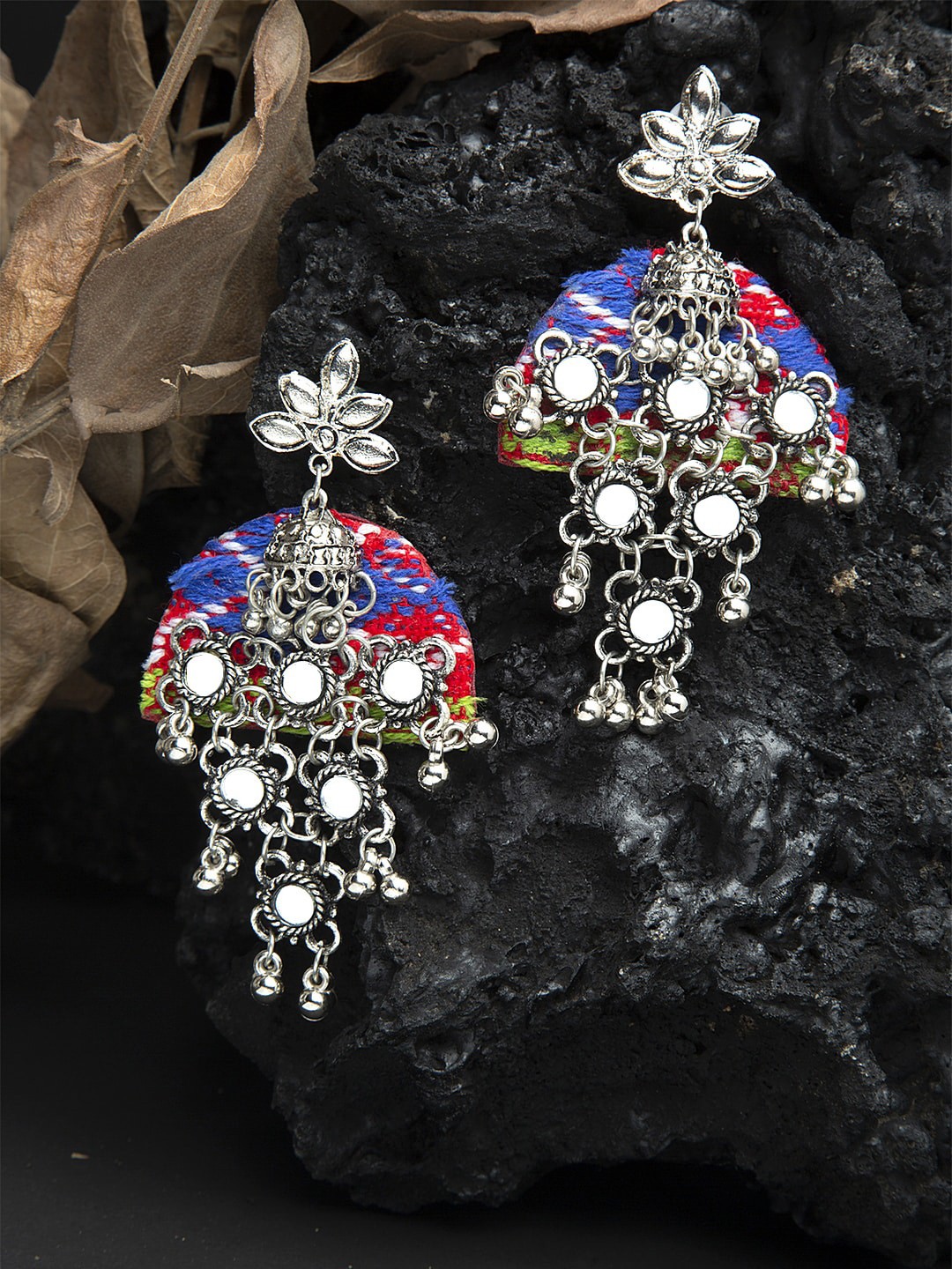 

Moedbuille Mirrors Studded Handwoven Design Oxidised Silver Plated Handcrafted Chandbalis, Blue