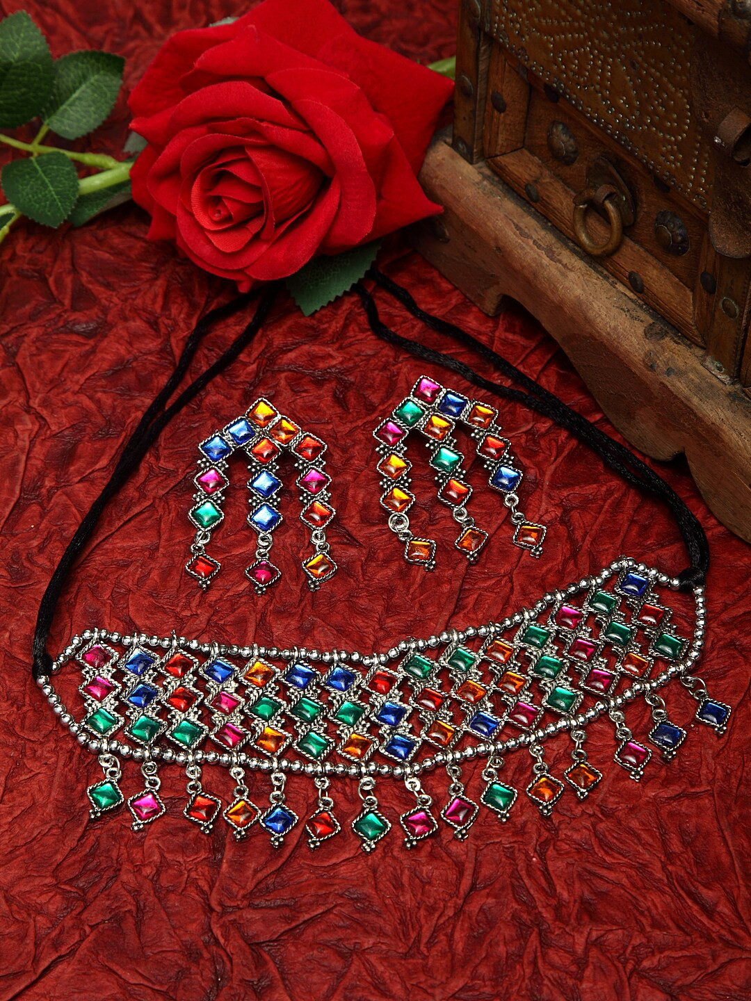 

Moedbuille Multi Stones Studded Oxidised Silver Plated Handcrafted Tasselled Jewelry Set