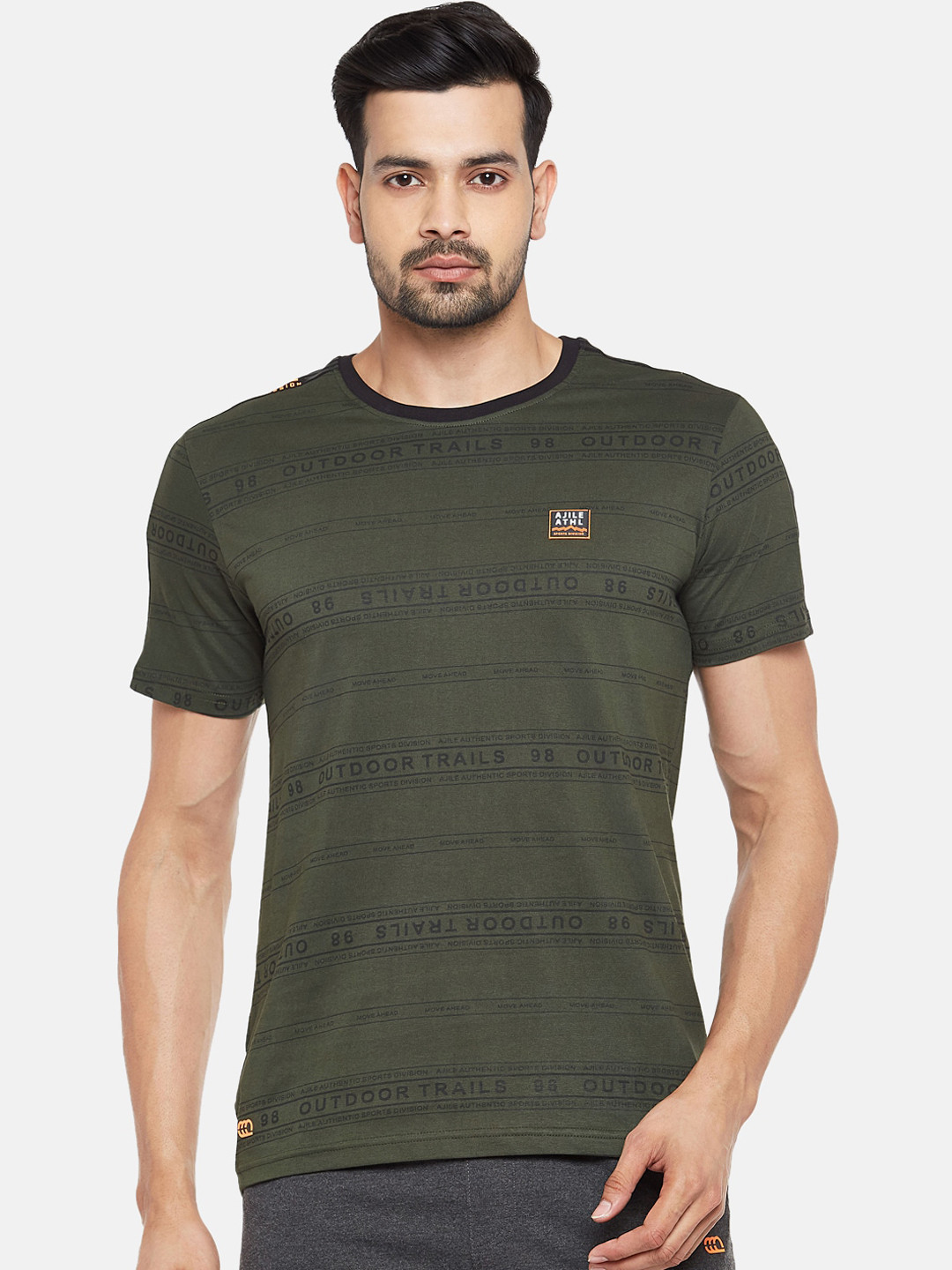 

Ajile by Pantaloons Men Olive Green Black Print Slim Fit Round Neck Pure Cotton T-shirt