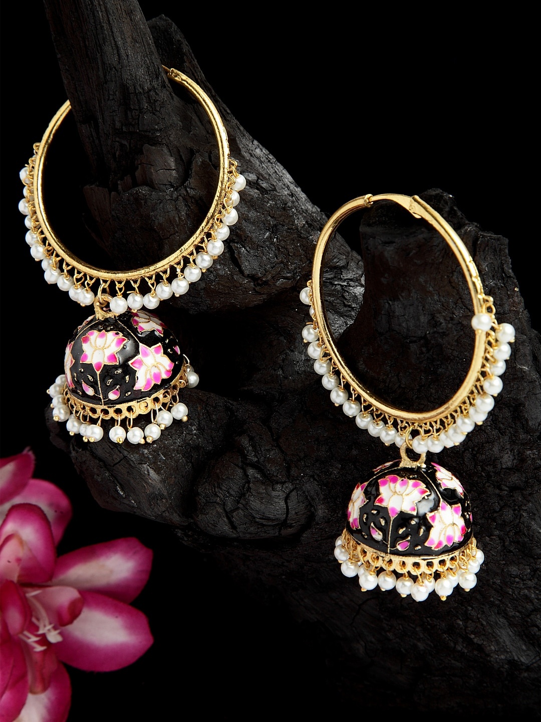 

Moedbuille Pearls Studded Handpainted Meenakari Design Gold Plated Handcrafted Brass Jhumkas, Black