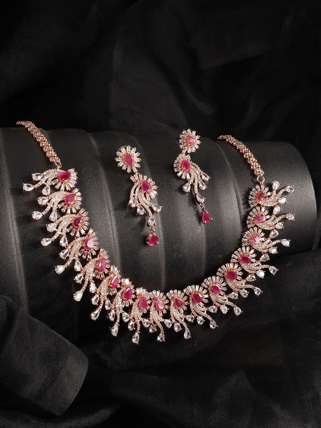 

ANIKAS CREATION Gold-Plated Magenta Pink American Diamond Stone Studded Choker Necklace