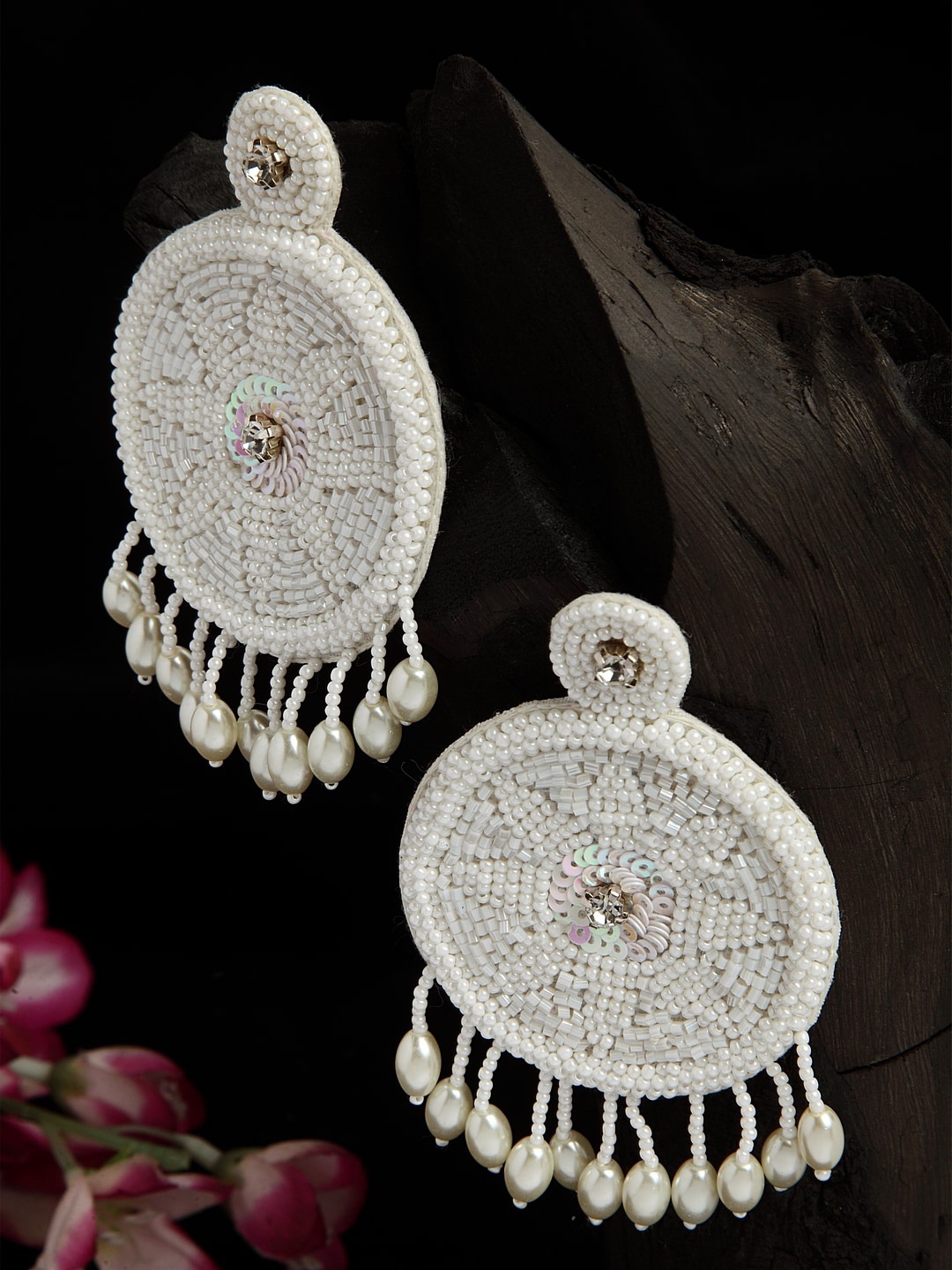 

Moedbuille Handwoven Beads & Stone Studded Contemporary Design Handcrafted Chandbalis, Off white