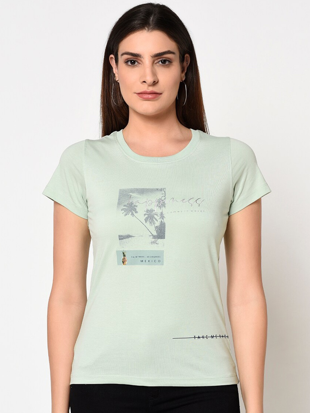 METTLE Women Green Printed Round Neck T-shirt
