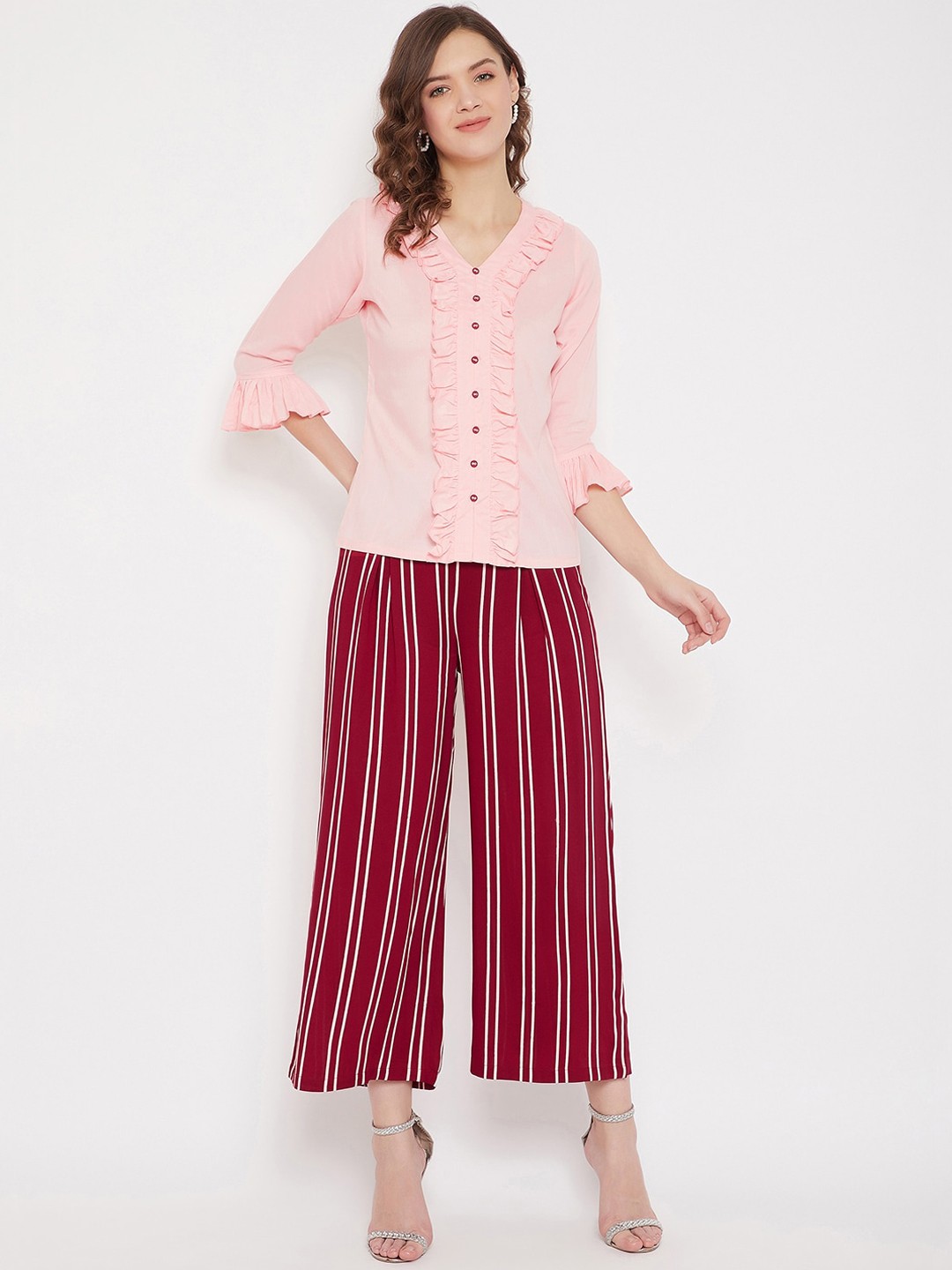 

Bitterlime Women Pink & Red Solid Top with Palazzos