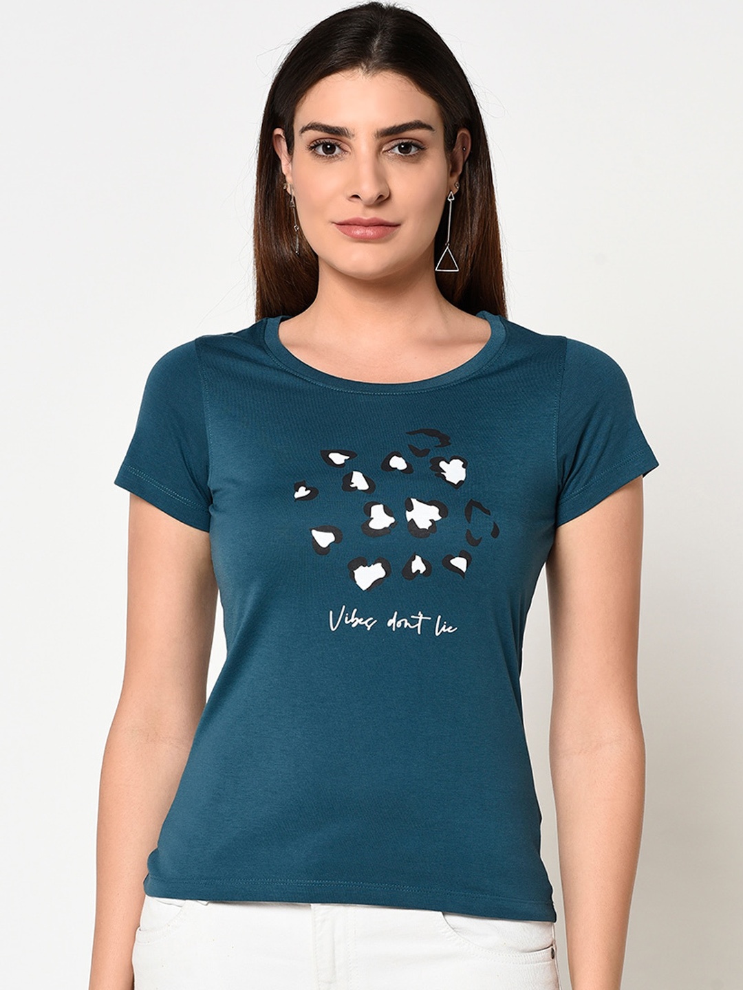 

METTLE Women Teal Printed Round Neck T-shirt