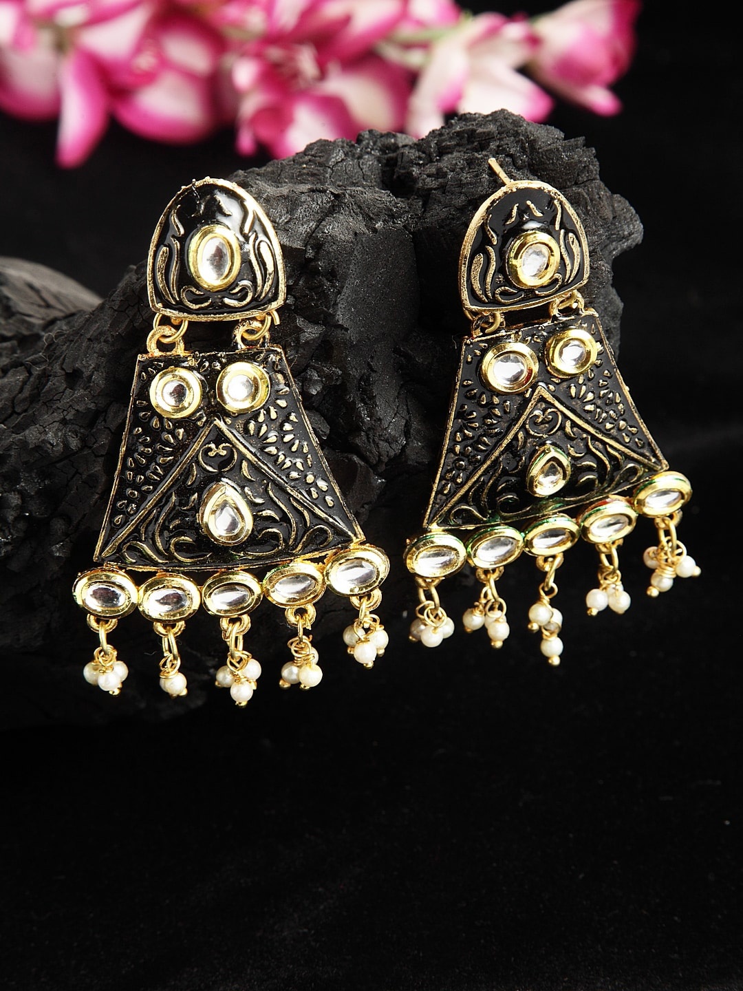 

Moedbuille Kundan Studded Handpainted Black Meenakari Design Gold Plated Handcrafted Brass Jhumkas