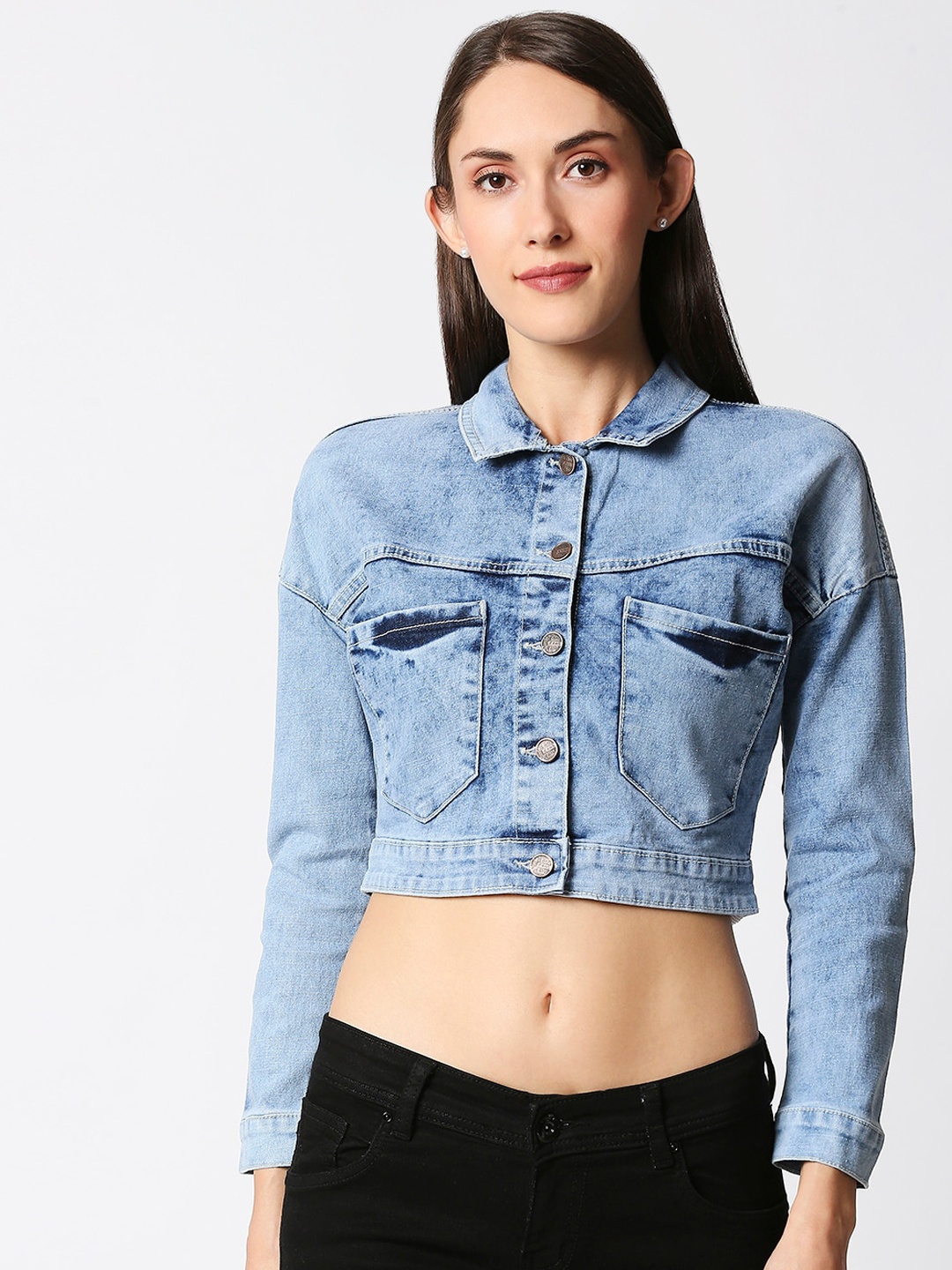 

High Star Women Blue Solid Denim Jacket