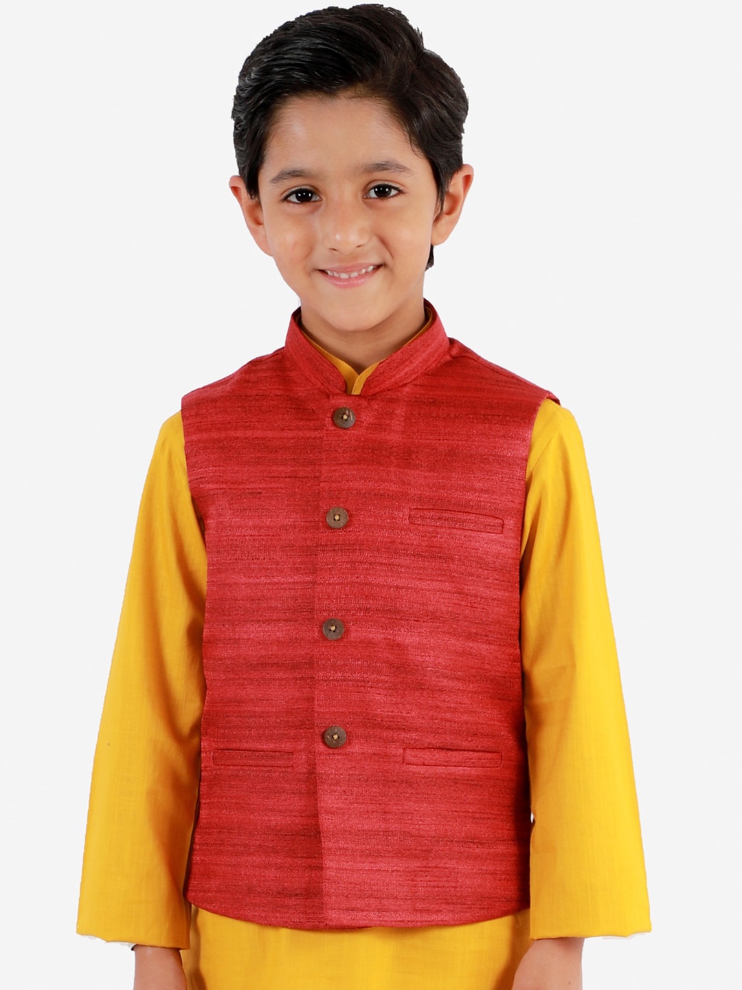 

VASTRAMAY Boys Maroon Woven-Design Nehru Jacket