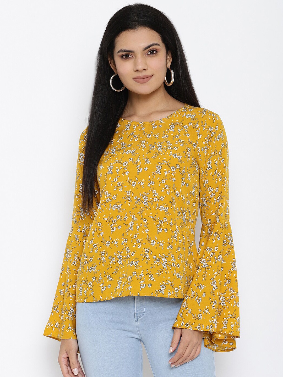 

House Of Kkarma Yellow & White Floral Printed Flared Sleeves Crepe Regular Top
