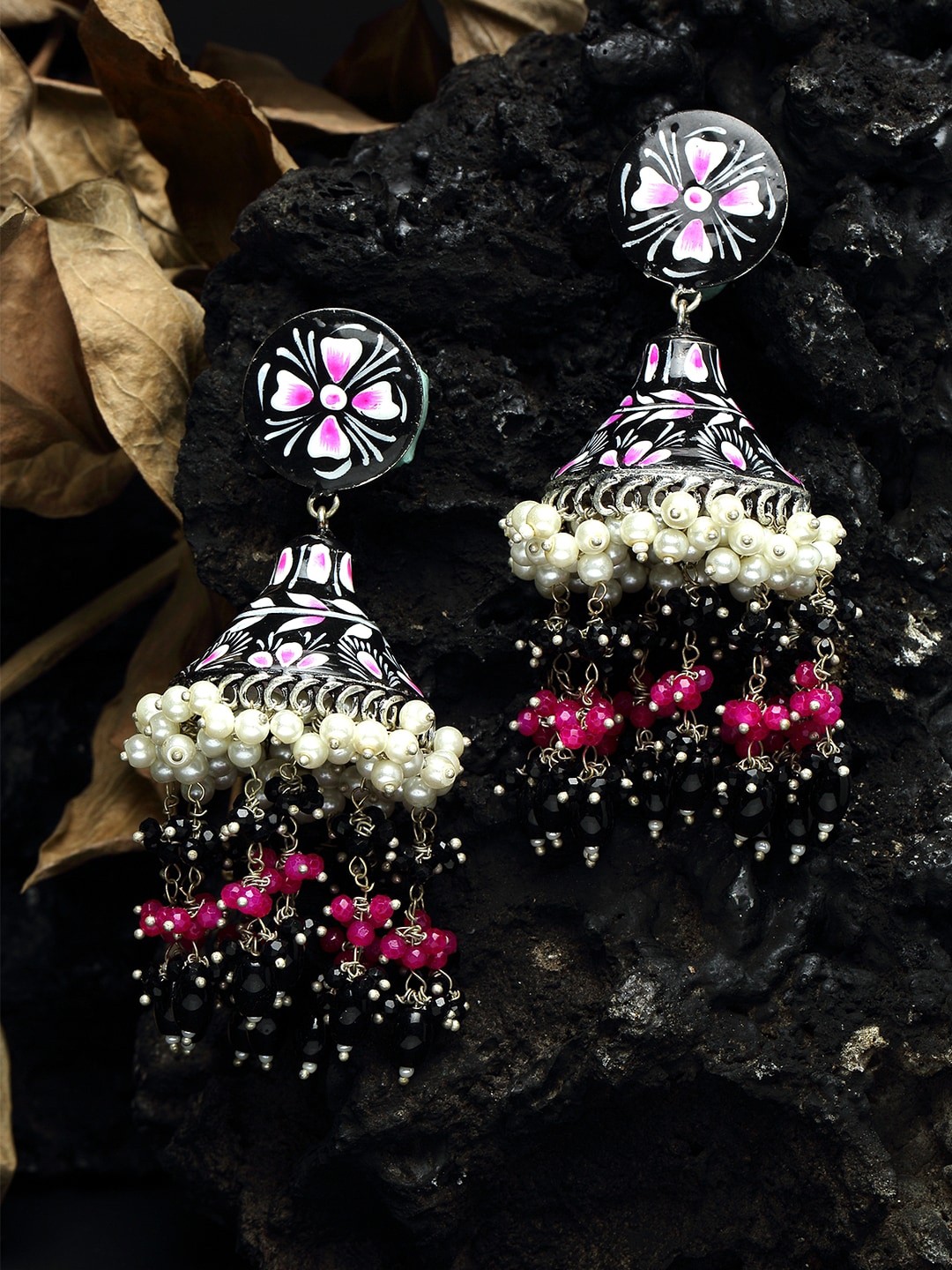 

Moedbuille Pearls and Beads Studded Handpainted Meenakari Silver Plated Handcrafted Brass Jhumkas, Black