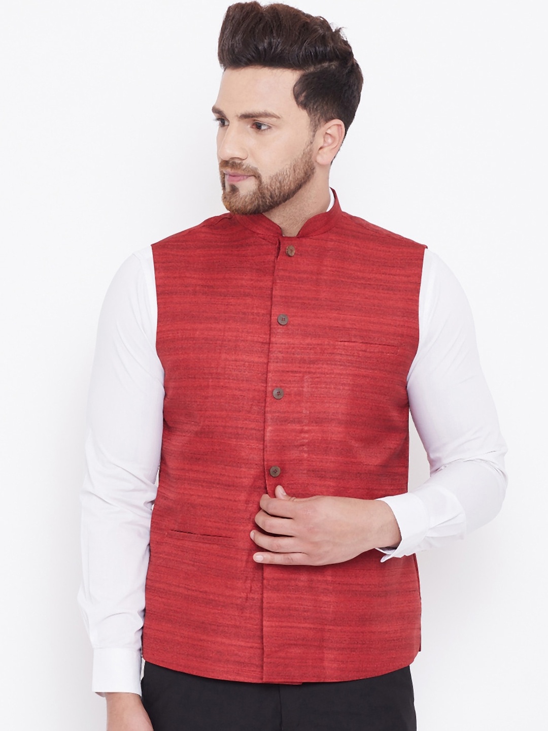 

VASTRAMAY Men Maroon Woven-Design Nehru Jacket