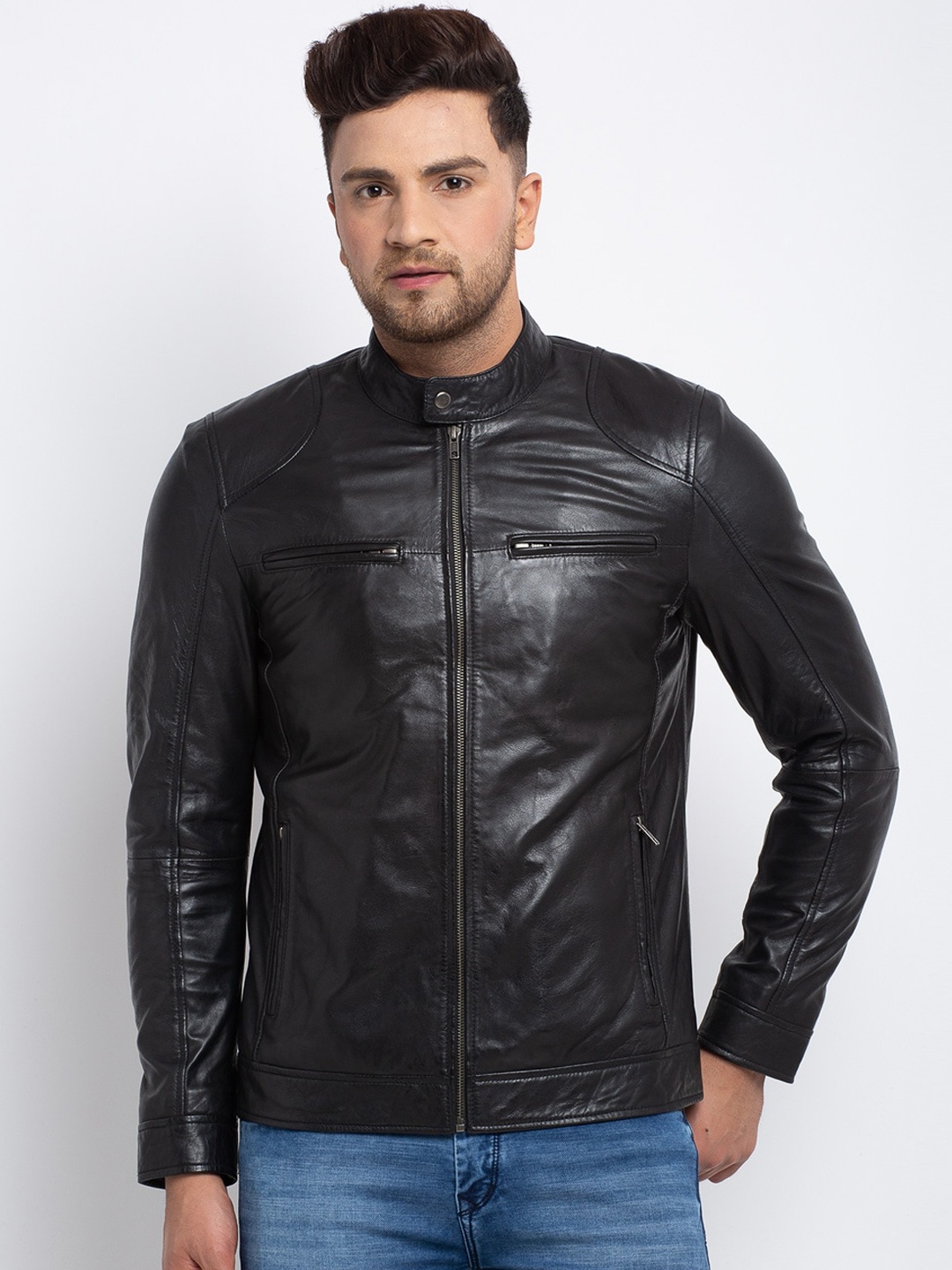 Teakwood Leathers Men Black Solid Lightweight Leather Jacket