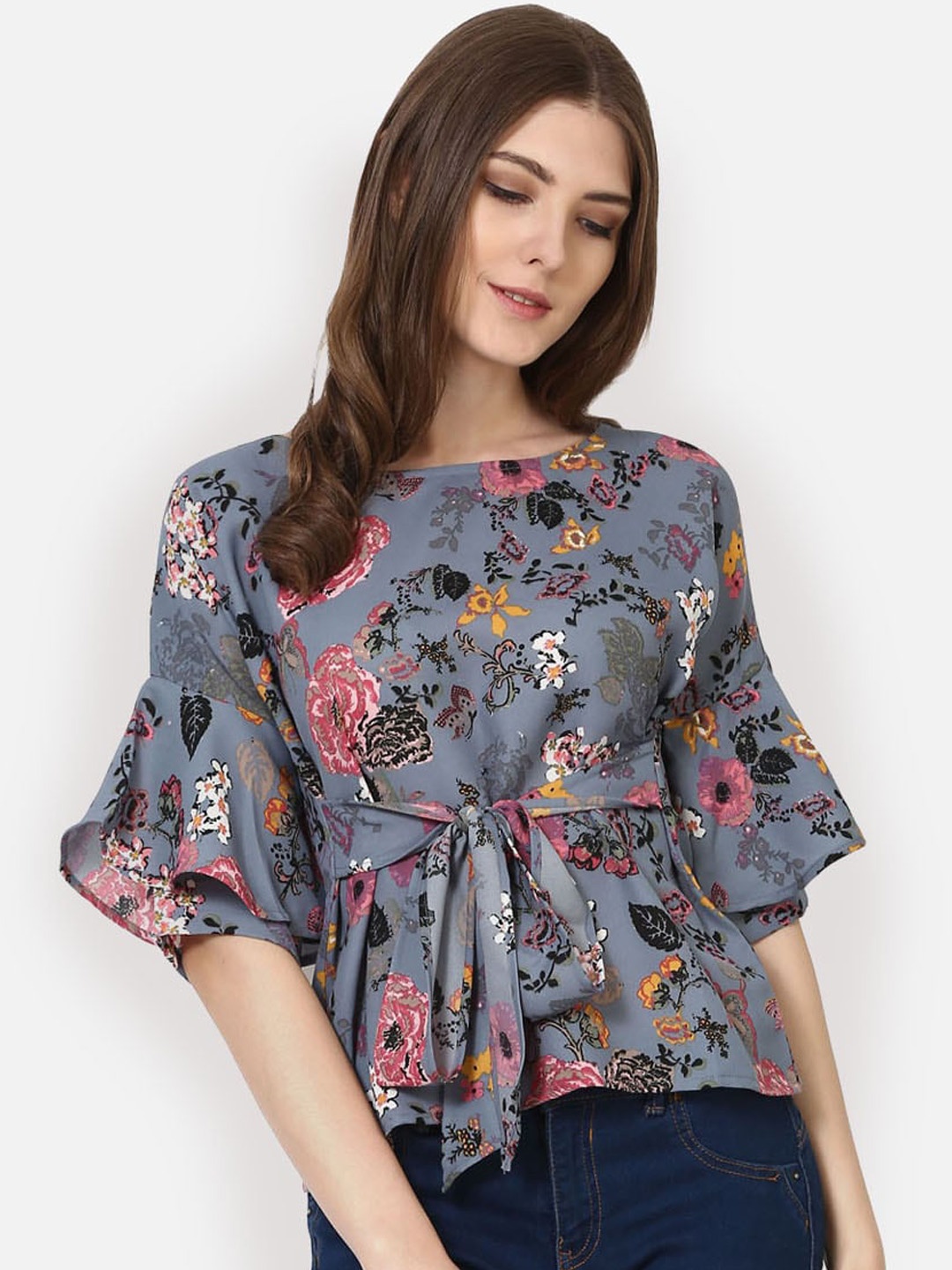 

Akimia Women Grey Floral Printed Bell Sleeves Crepe Cinched Waist Top
