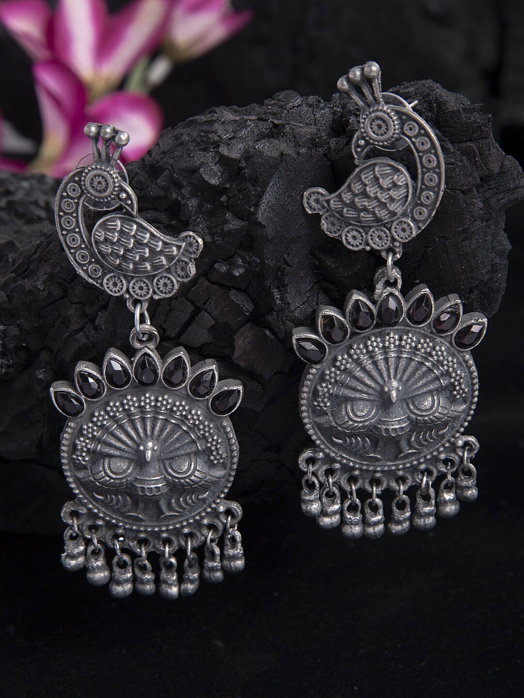 

Moedbuille Black Stone Studded Peacock Design Oxidised Silver Plated Handcrafted Tribal Chandbalis, Metallic