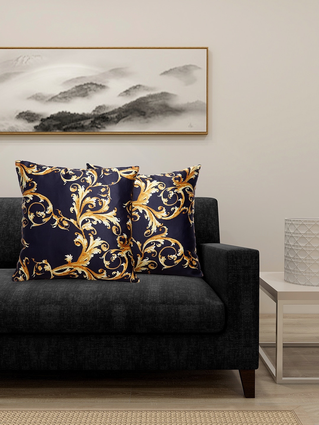

DECOREALM Black & Gold-Toned Set of 2 Abstract Square Cushion Covers