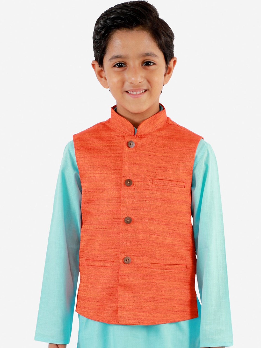 

VASTRAMAY Boys Orange Solid Woven Nehru Jacket
