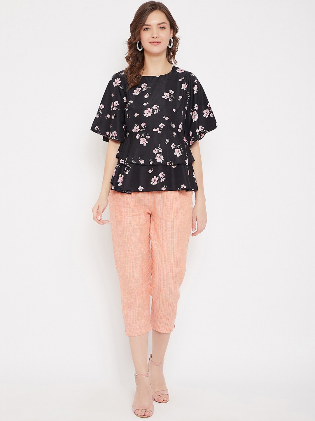 

Bitterlime Women Black & Peach-Coloured Printed Top with Trousers
